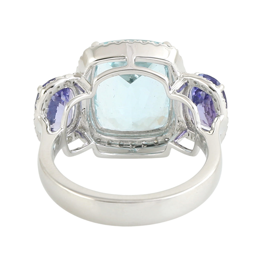Cushion Cut Aquamarine Prong Tanzanite Pave Diamond Three Stone Ring In White Gold