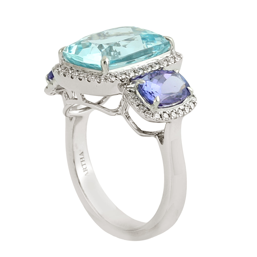 Cushion Cut Aquamarine Prong Tanzanite Pave Diamond Three Stone Ring In White Gold
