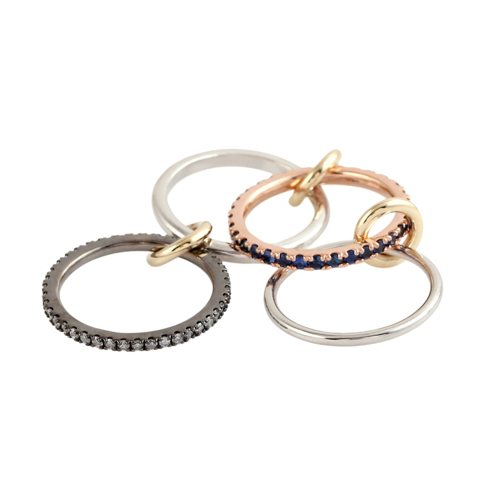 Multi-Tone Linked Stackable Band Ring in 14K Gold Silver with Blue Sapphire Diamonds