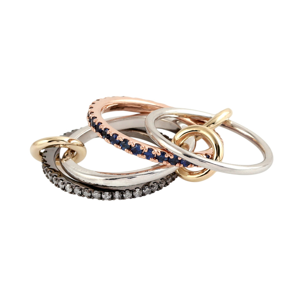 Multi-Tone Linked Stackable Band Ring in 14K Gold Silver with Blue Sapphire Diamonds