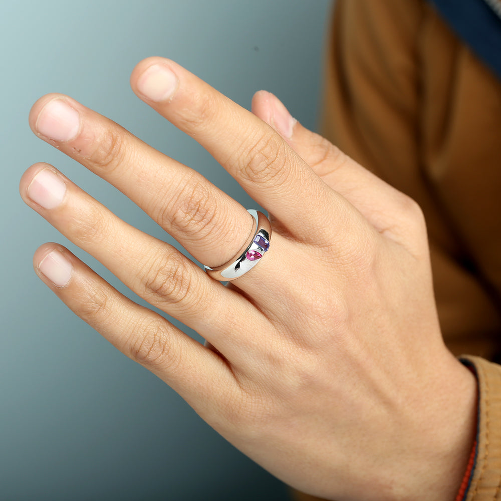 14K White Gold Baguette Cut Tanzanite Bezel Set Pink Tourmaline Band Ring