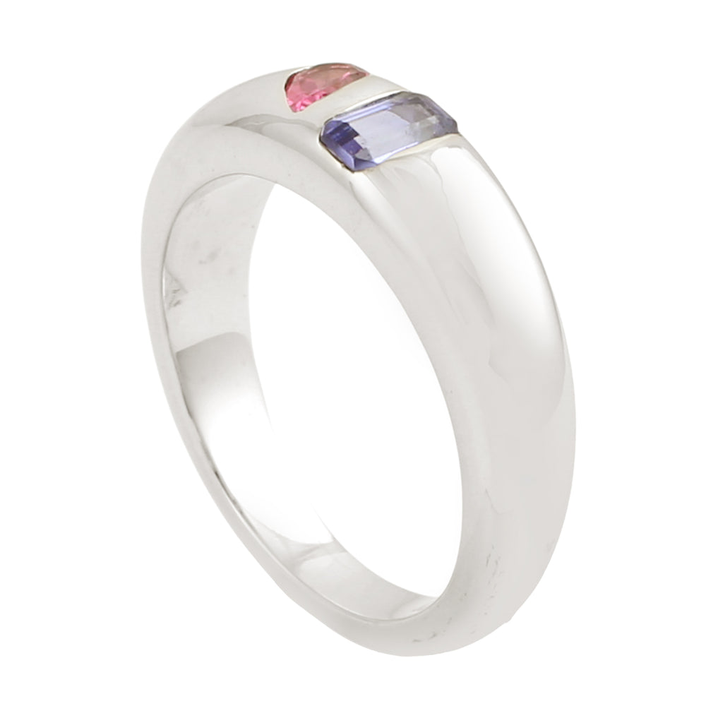 14K White Gold Baguette Cut Tanzanite Bezel Set Pink Tourmaline Band Ring