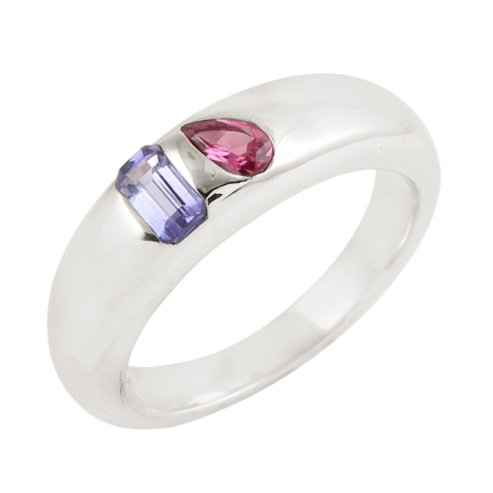 14K White Gold Baguette Cut Tanzanite Bezel Set Pink Tourmaline Band Ring