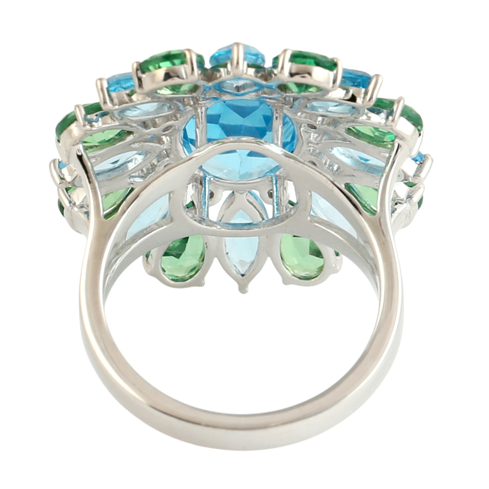 Blue Topaz and Tsavorite Statement Cocktail Ring in 14K White Gold