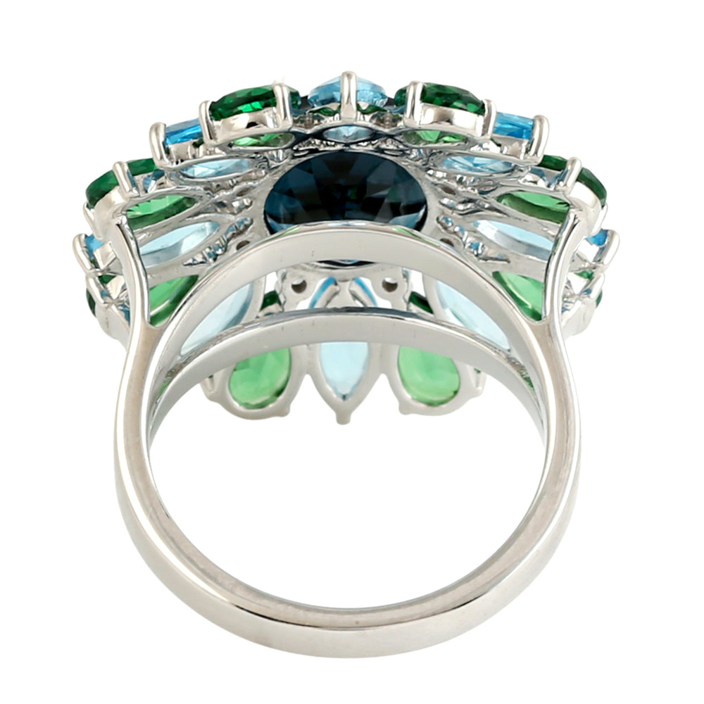 London Topaz, Tsavorite & Blue Topaz Prong Diamond Floral Cocktail Ring in 18K White Gold