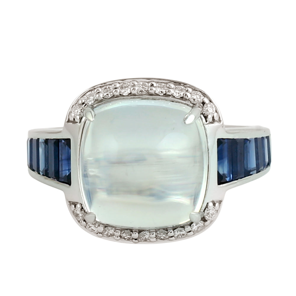 Moonstone Blue & Blue Sapphire Pave Diamond Dome Ring in 14K White Gold