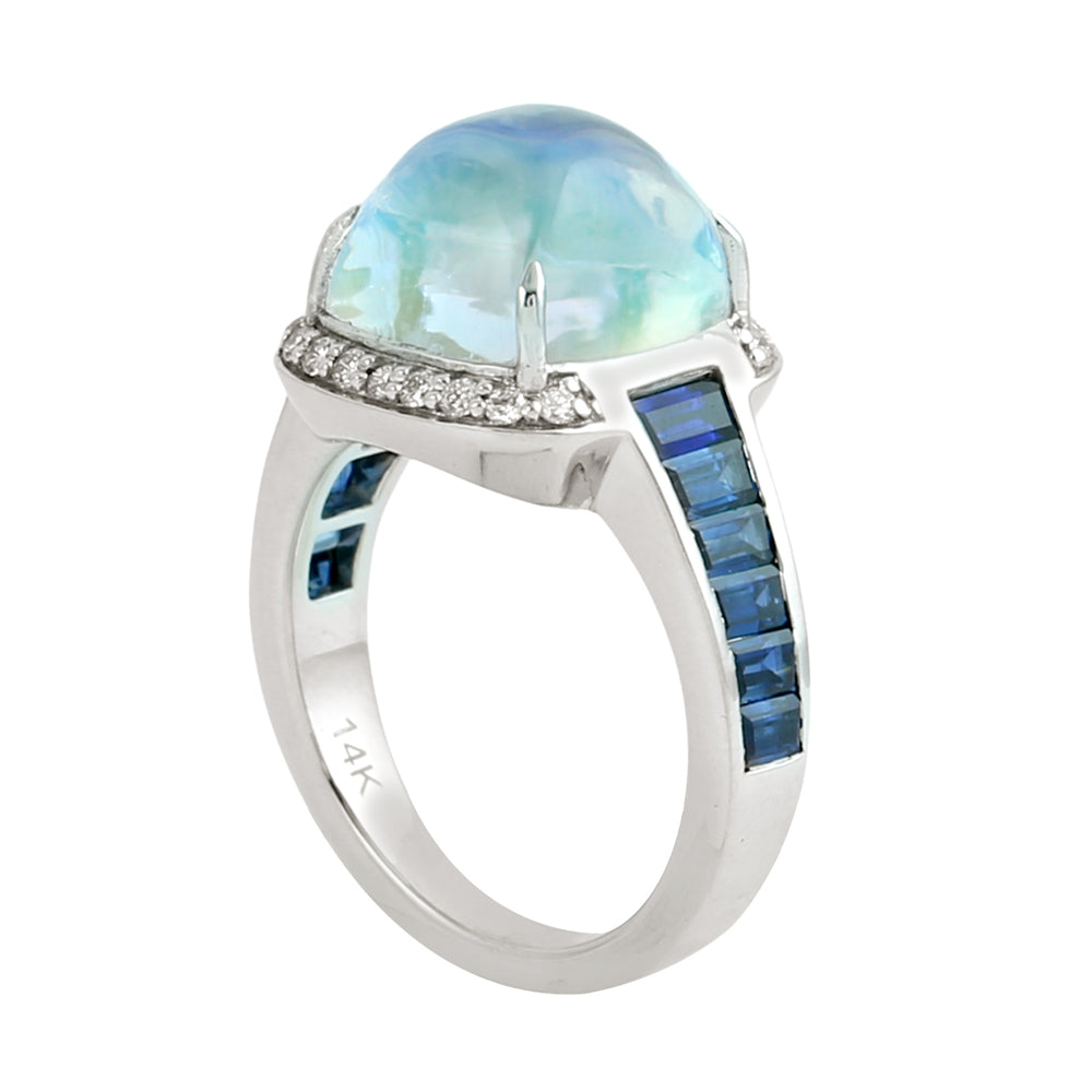 Moonstone Blue & Blue Sapphire Pave Diamond Dome Ring in 14K White Gold