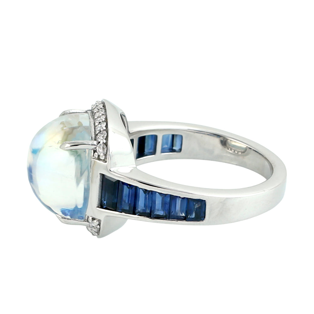 Moonstone Blue & Blue Sapphire Pave Diamond Dome Ring in 14K White Gold