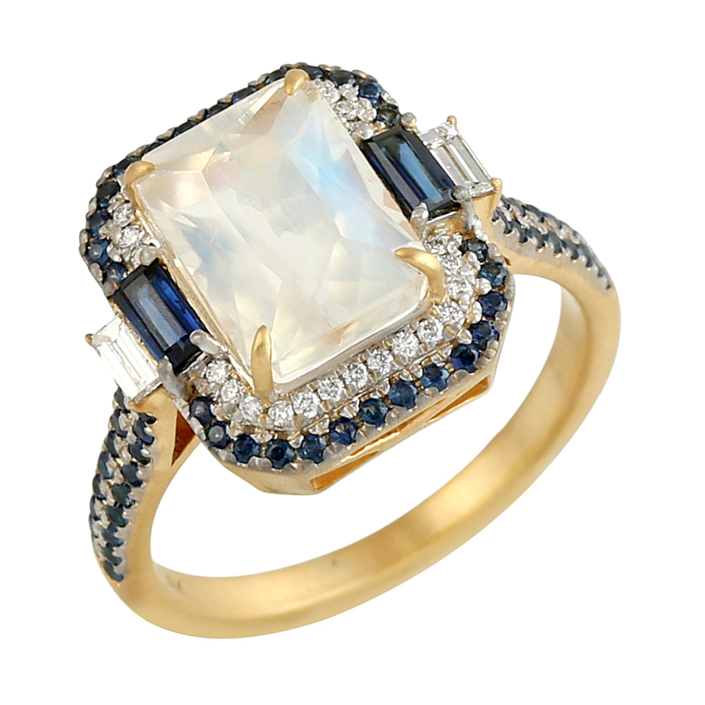 Moonstone Emerald-Cut Ring with Sapphire and Diamond Halo in 14K Yellow Gold