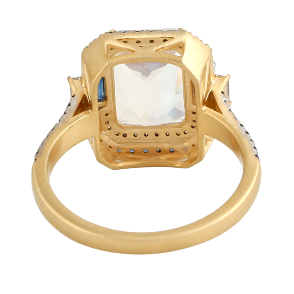 Moonstone Emerald-Cut Ring with Sapphire and Diamond Halo in 14K Yellow Gold