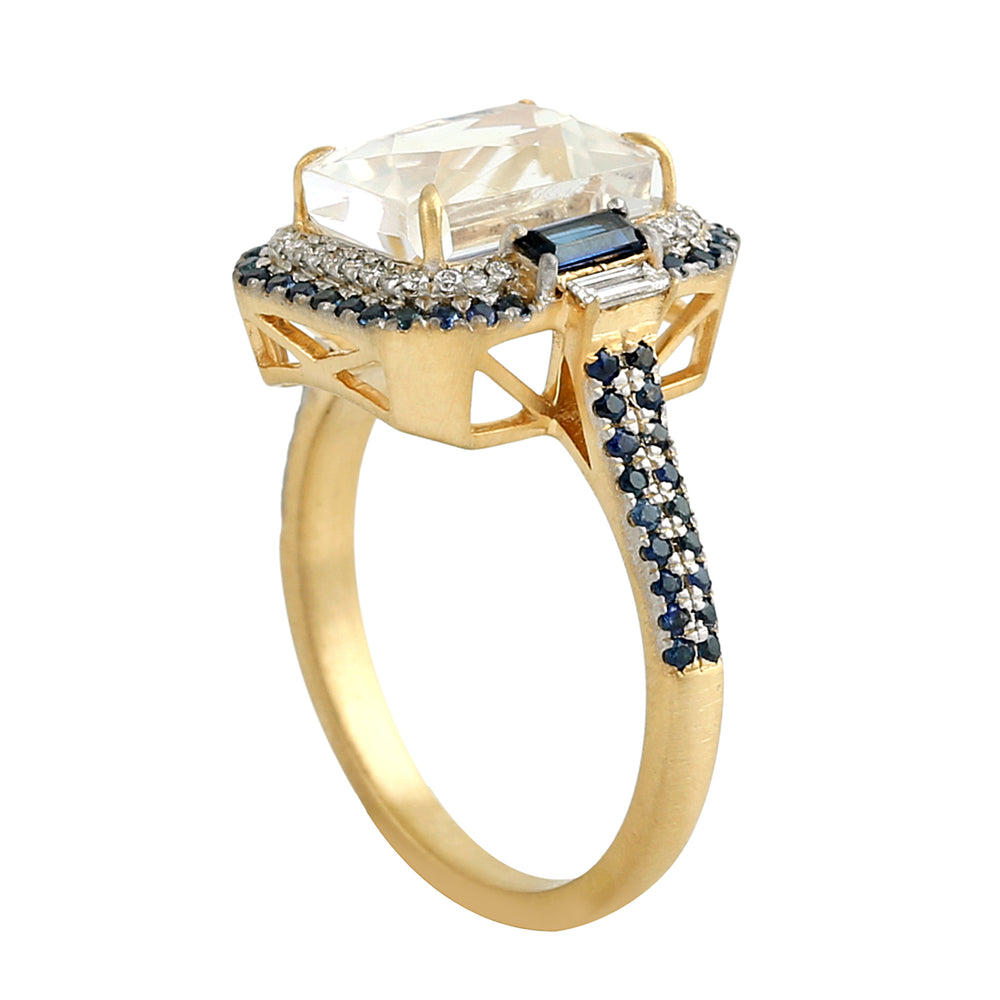 Moonstone Emerald-Cut Ring with Sapphire and Diamond Halo in 14K Yellow Gold