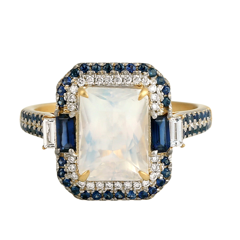 Moonstone Emerald-Cut Ring with Sapphire and Diamond Halo in 14K Yellow Gold