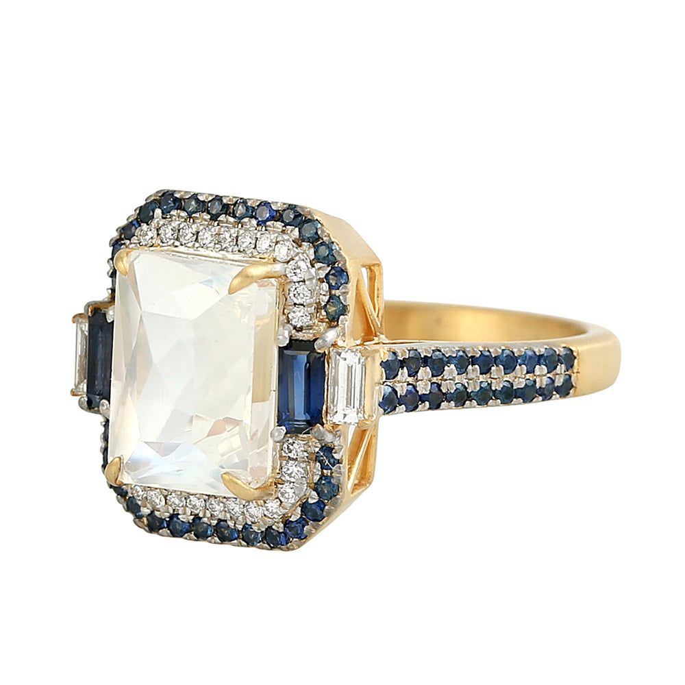 Moonstone Emerald-Cut Ring with Sapphire and Diamond Halo in 14K Yellow Gold