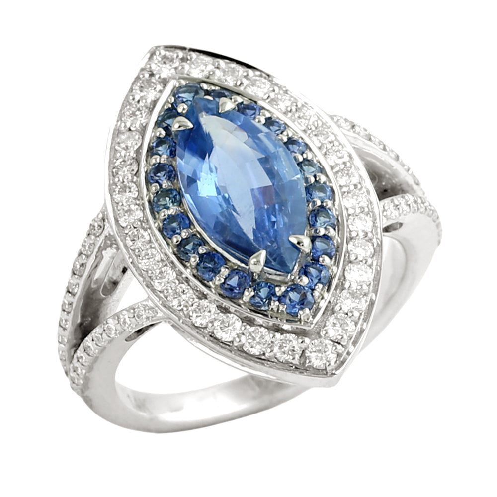 Marquise Cut Blue Sapphire & Diamond Double Halo Cocktail Ring in 14K White Gold