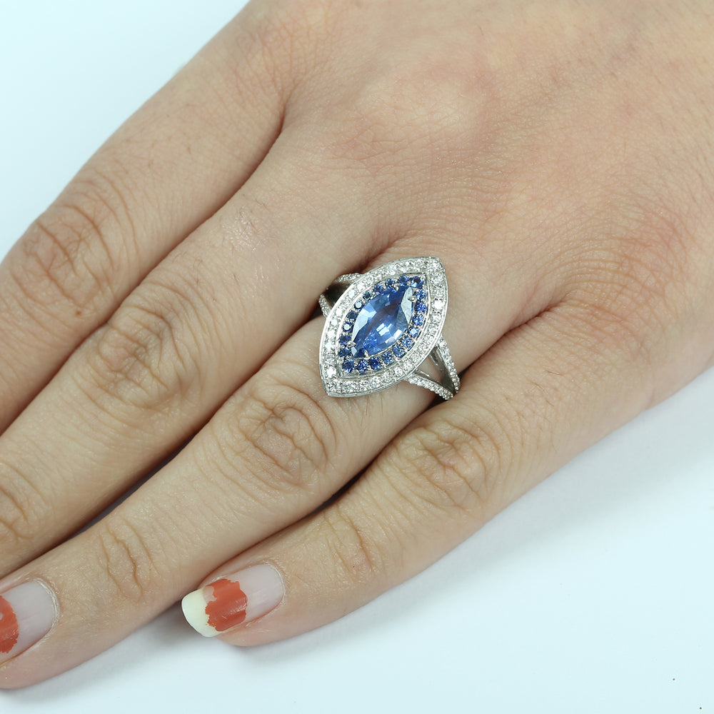 Marquise Cut Blue Sapphire & Diamond Double Halo Cocktail Ring in 14K White Gold