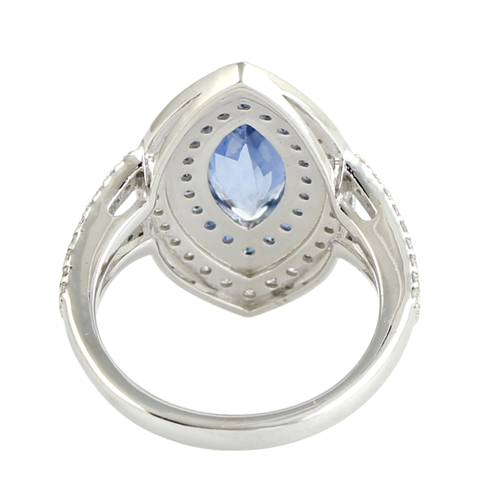Marquise Cut Blue Sapphire & Diamond Double Halo Cocktail Ring in 14K White Gold