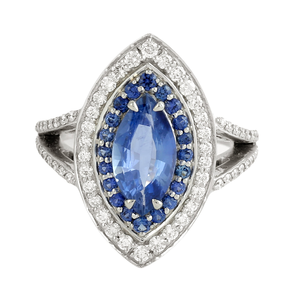 Marquise Cut Blue Sapphire & Diamond Double Halo Cocktail Ring in 14K White Gold
