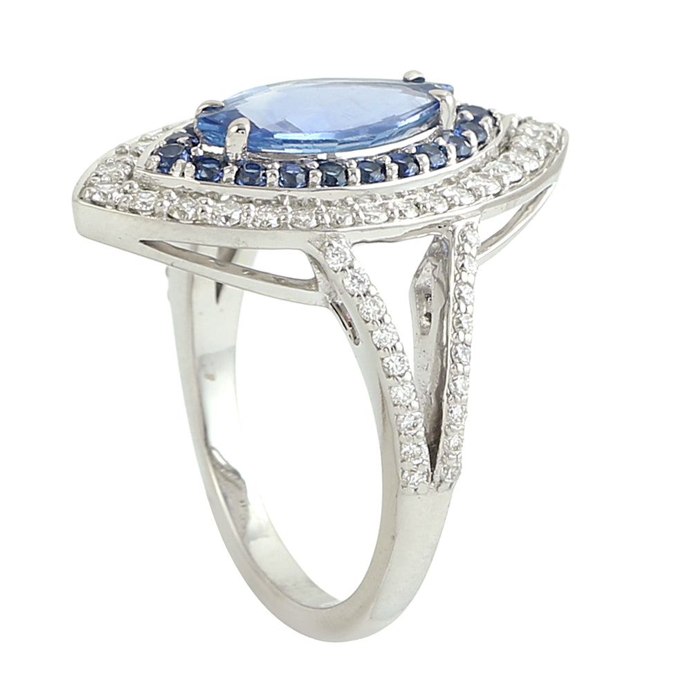 Marquise Cut Blue Sapphire & Diamond Double Halo Cocktail Ring in 14K White Gold