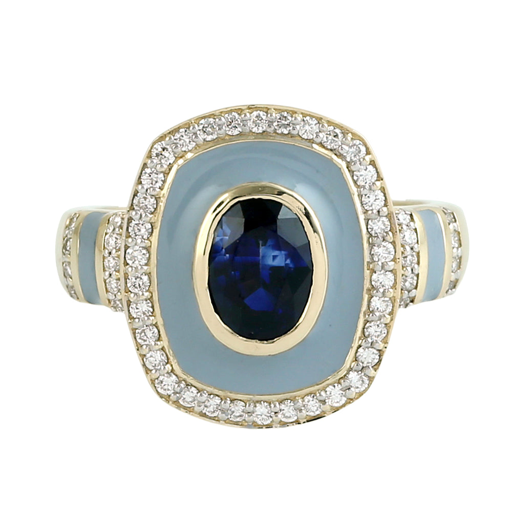 Blue Sapphire & Enamel Pave Diamond Halo Ring in 14K Yellow Gold