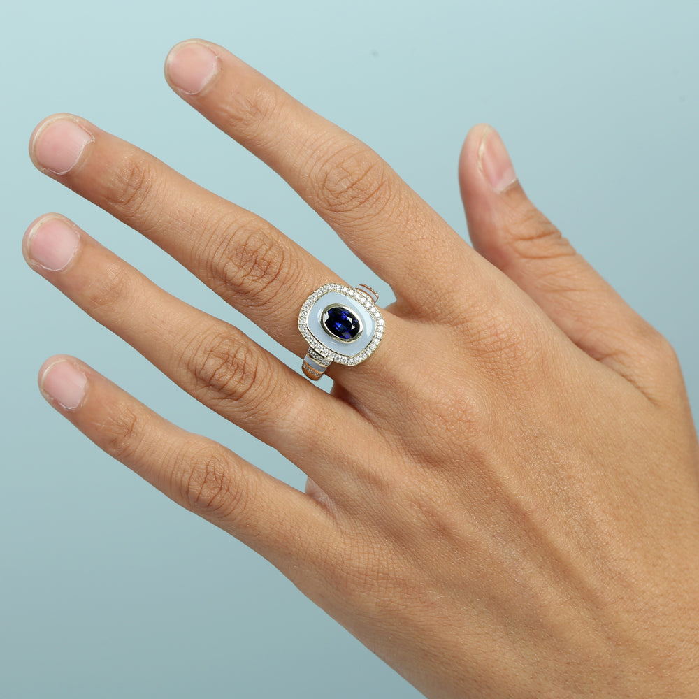 Blue Sapphire & Enamel Pave Diamond Halo Ring in 14K Yellow Gold