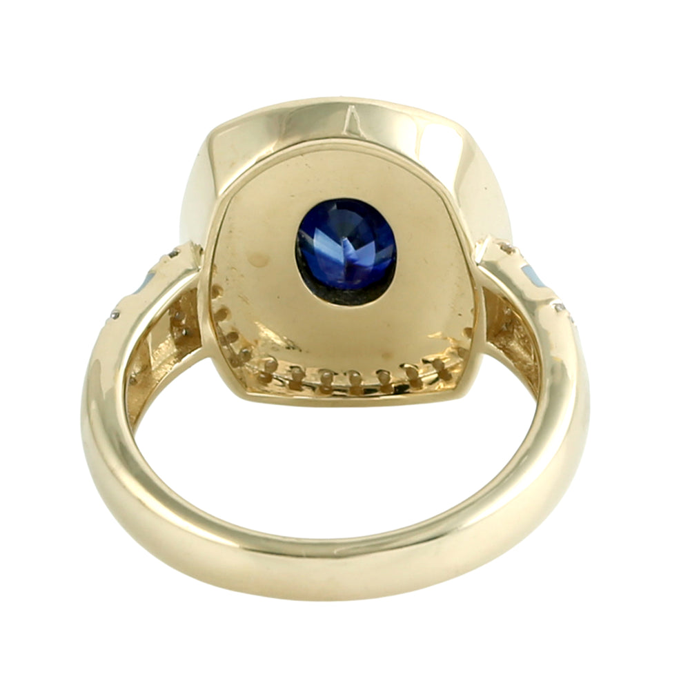 Blue Sapphire & Enamel Pave Diamond Halo Ring in 14K Yellow Gold
