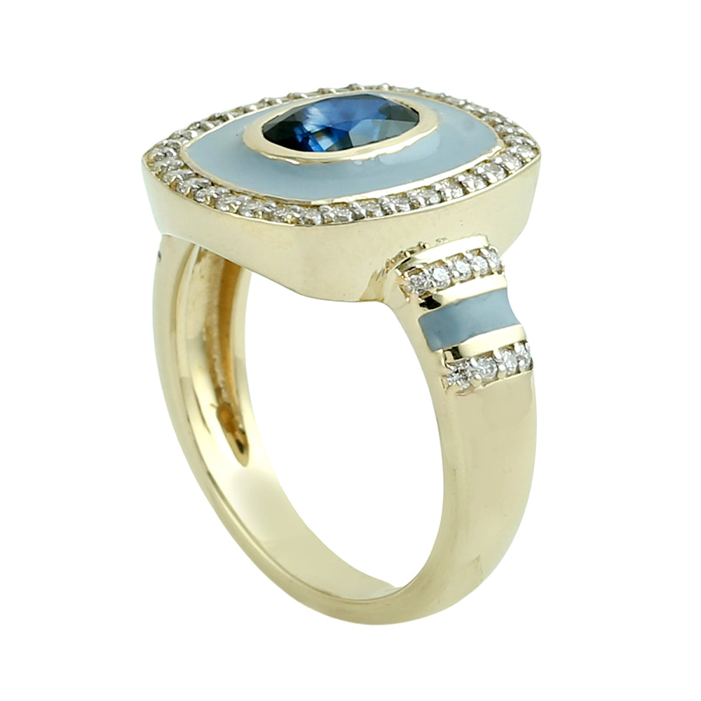 Blue Sapphire & Enamel Pave Diamond Halo Ring in 14K Yellow Gold