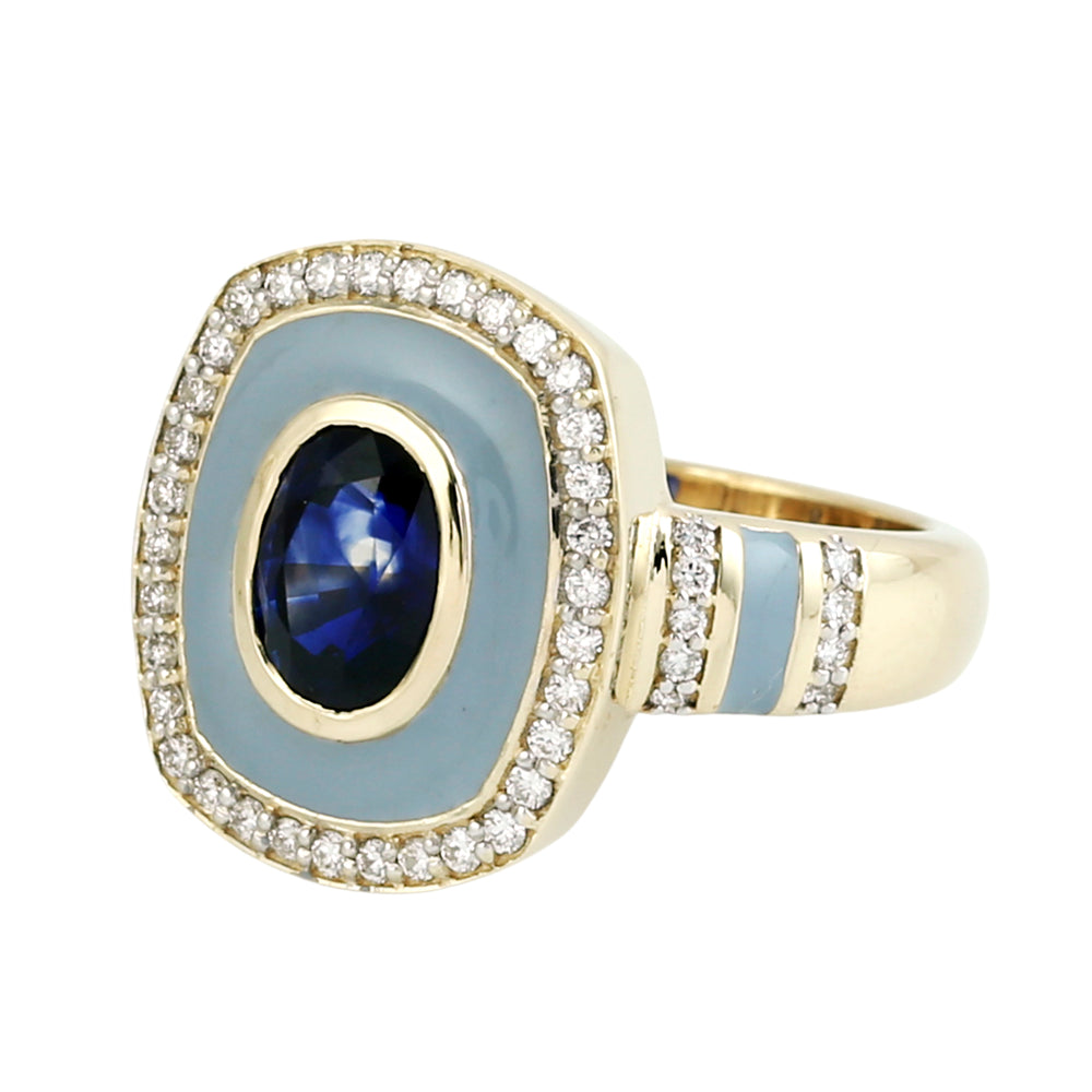 Blue Sapphire & Enamel Pave Diamond Halo Ring in 14K Yellow Gold