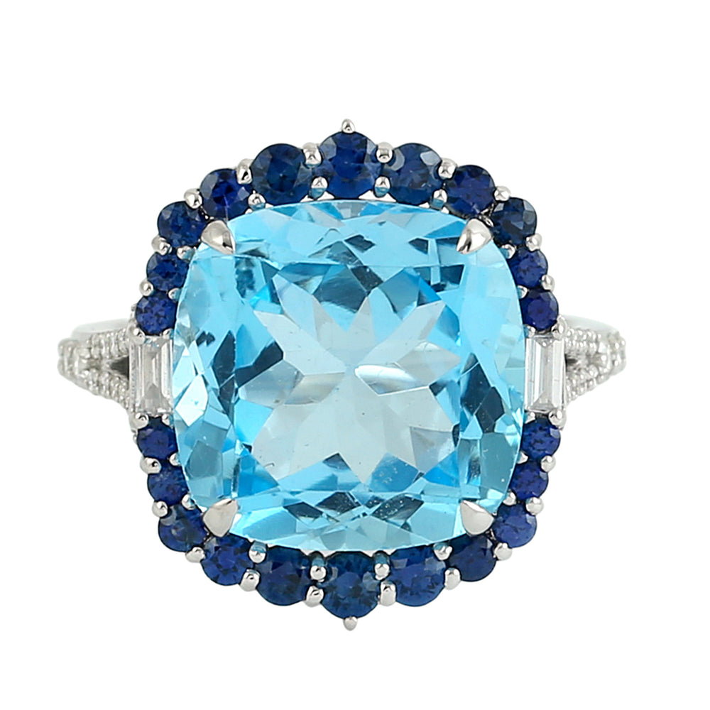 Cushion-Cut Blue Topaz & Sapphire Pave Diamond Halo Ring in 14K White Gold