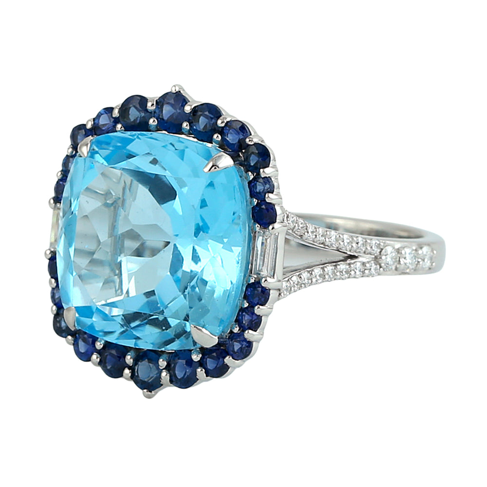 Cushion-Cut Blue Topaz & Sapphire Pave Diamond Halo Ring in 14K White Gold