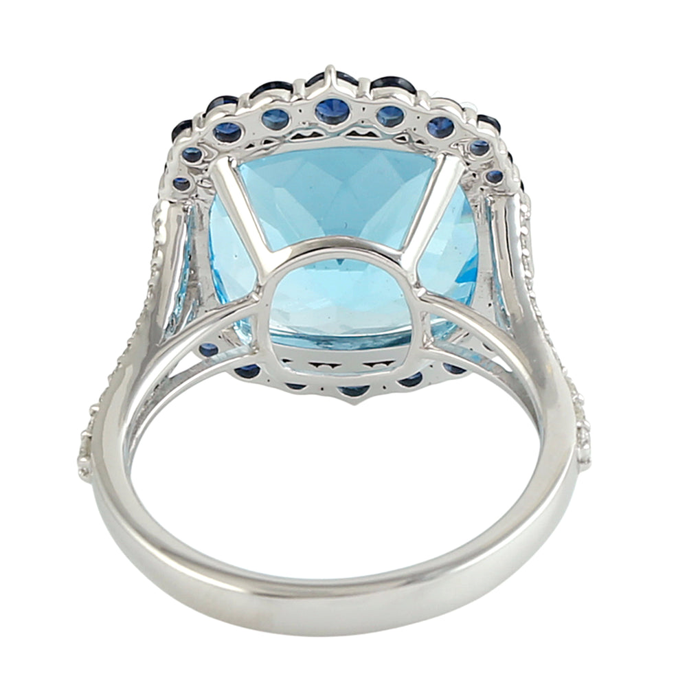 Cushion-Cut Blue Topaz & Sapphire Pave Diamond Halo Ring in 14K White Gold