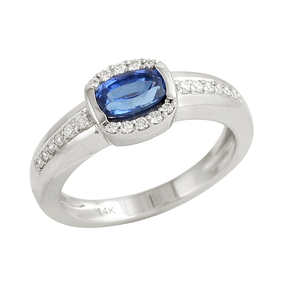 Oval Cut Blue Sapphire Pave Diamond Band Ring in 14K White Gold