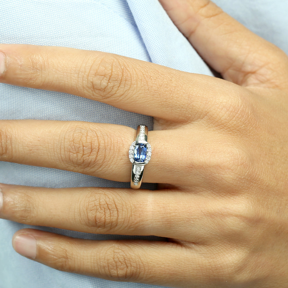 Oval Cut Blue Sapphire Pave Diamond Band Ring in 14K White Gold