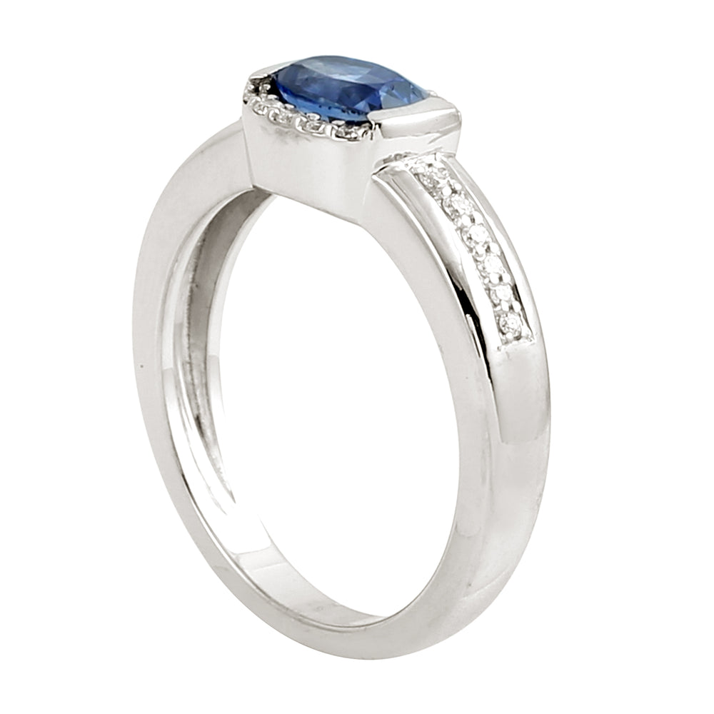 Oval Cut Blue Sapphire Pave Diamond Band Ring in 14K White Gold