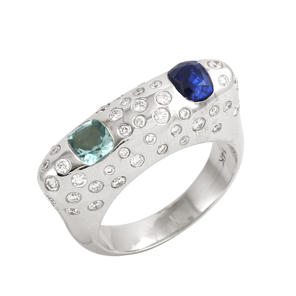 Blue Sapphire & Aquamarine Bezel Diamond Designer Ring in 14K White Gold