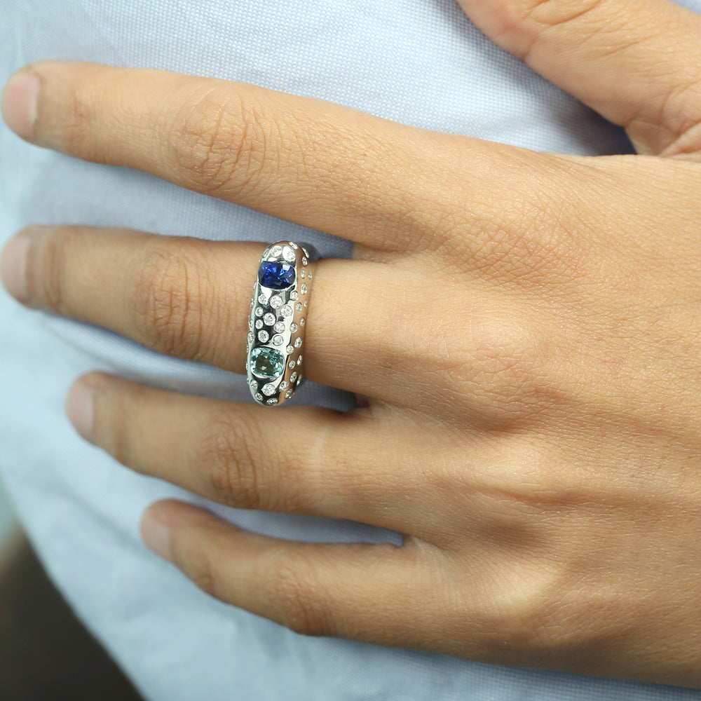 Blue Sapphire & Aquamarine Bezel Diamond Designer Ring in 14K White Gold