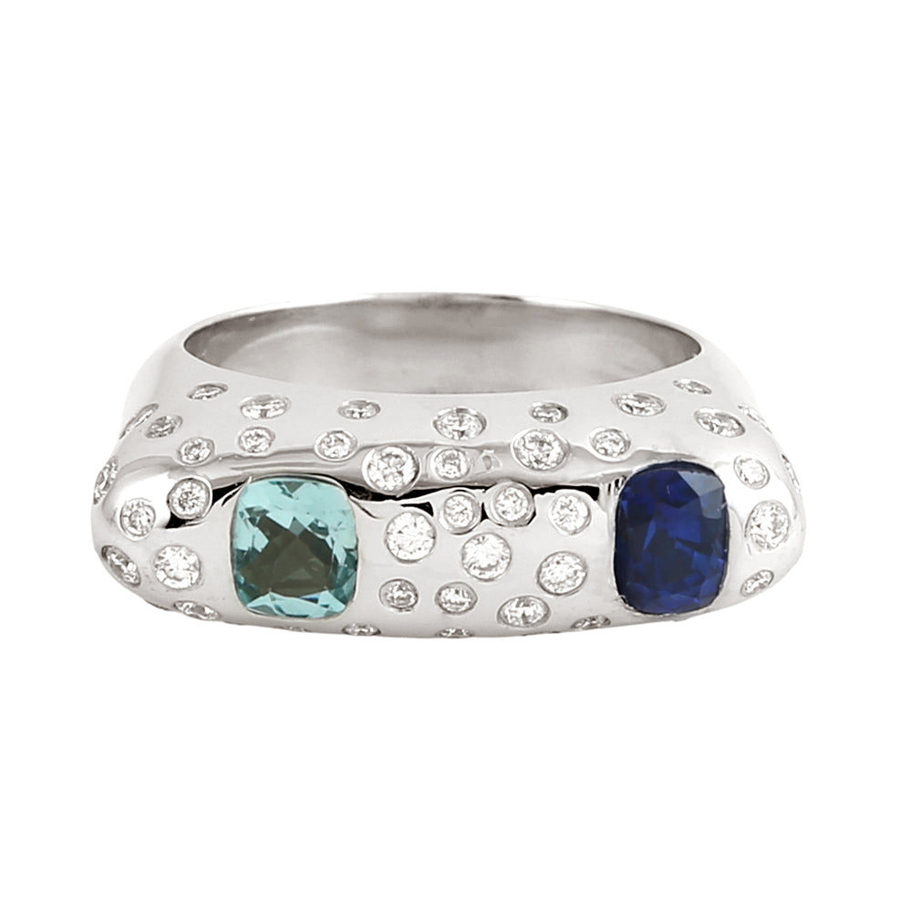 Blue Sapphire & Aquamarine Bezel Diamond Designer Ring in 14K White Gold