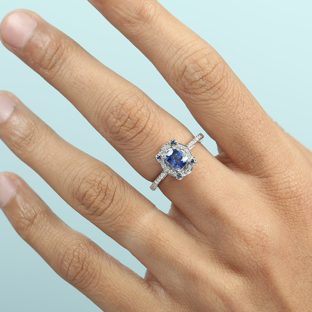 Blue Sapphire Gemstone Pave Diamond Cocktail Ring in 14K White Gold