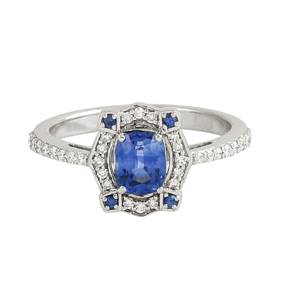 Blue Sapphire Gemstone Pave Diamond Cocktail Ring in 14K White Gold