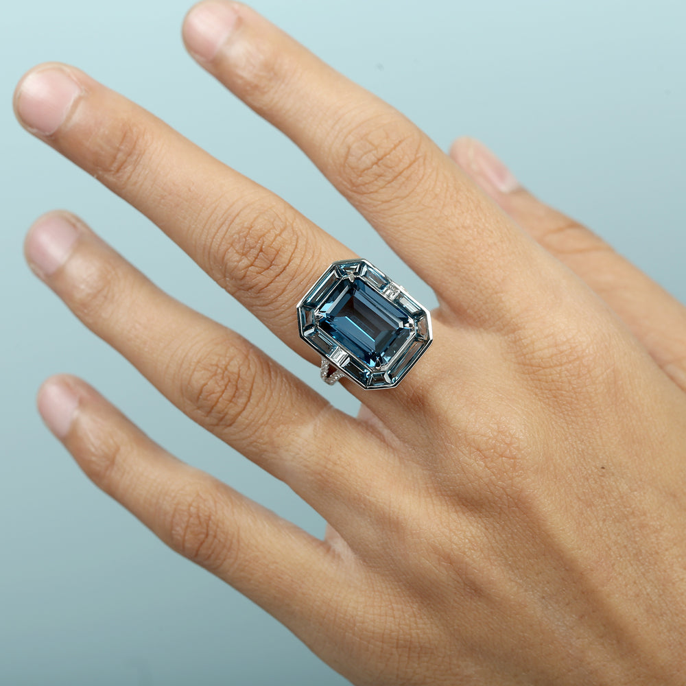 Octagon Cut London Blue Topaz Pave Diamond Cocktail Ring in 18K White Gold