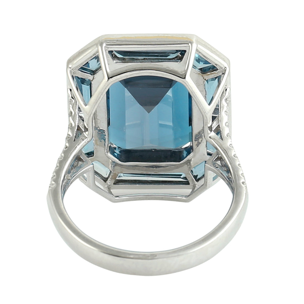 Octagon Cut London Blue Topaz Pave Diamond Cocktail Ring in 18K White Gold