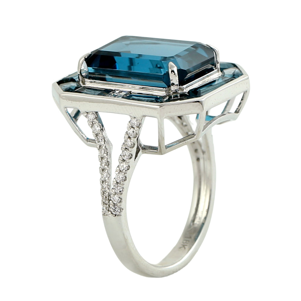 Octagon Cut London Blue Topaz Pave Diamond Cocktail Ring in 18K White Gold