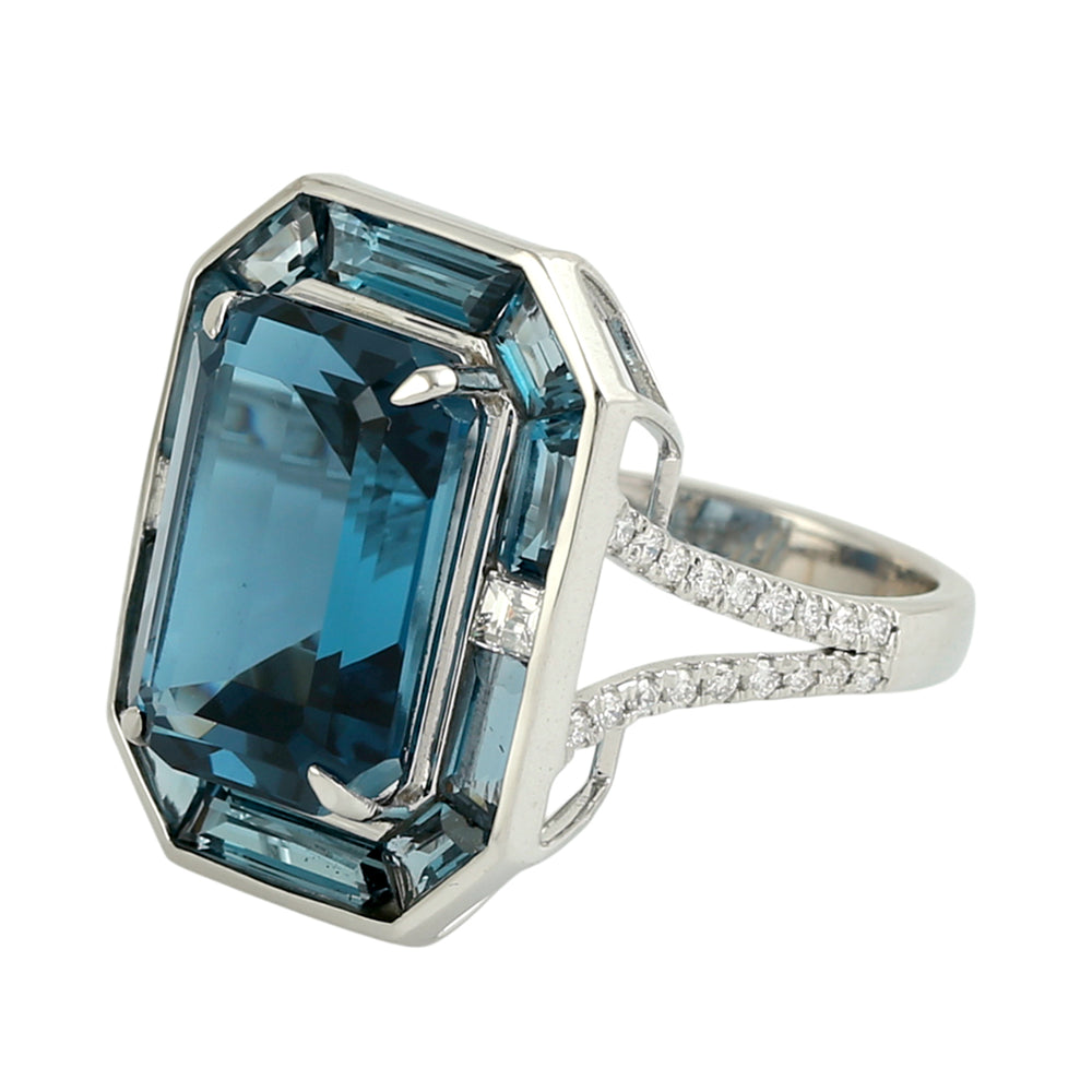 Octagon Cut London Blue Topaz Pave Diamond Cocktail Ring in 18K White Gold