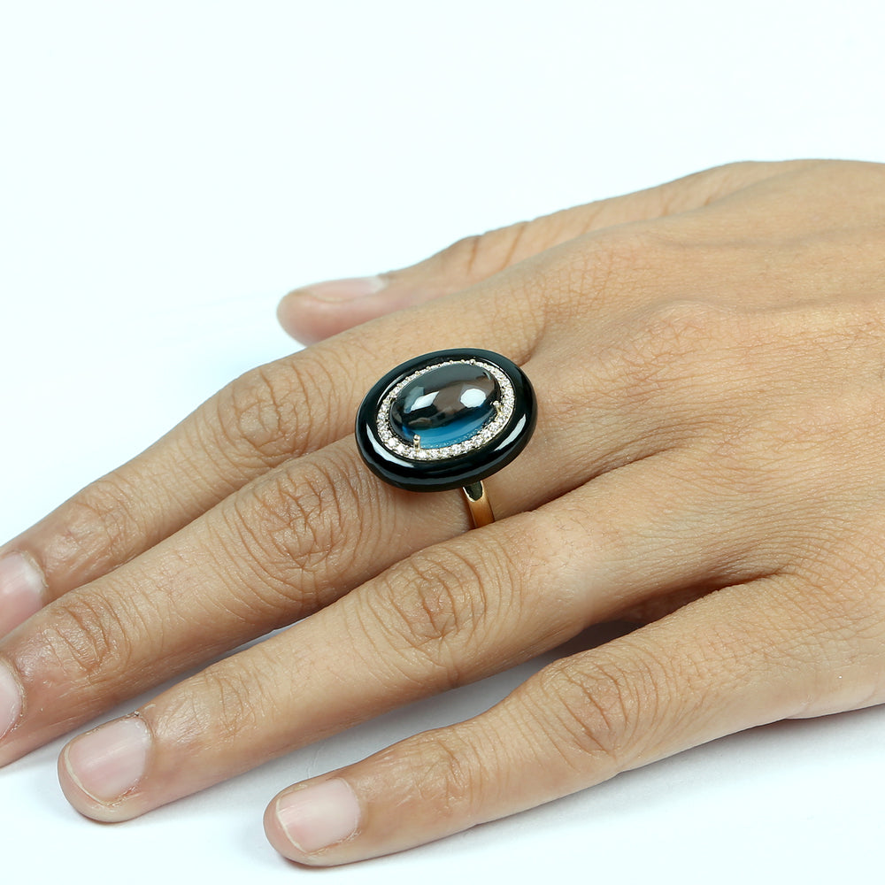 London Blue Topaz & Onyx Gemstone Diamond Dome Ring in 18K Yellow Gold