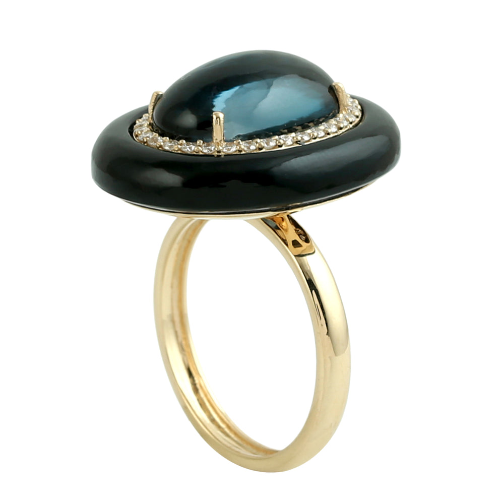 London Blue Topaz & Onyx Gemstone Diamond Dome Ring in 18K Yellow Gold