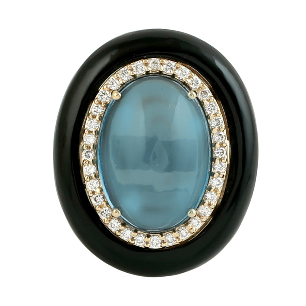 London Blue Topaz & Onyx Gemstone Diamond Dome Ring in 18K Yellow Gold