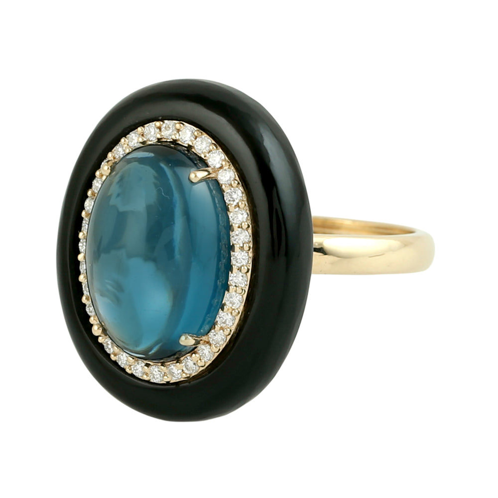 London Blue Topaz & Onyx Gemstone Diamond Dome Ring in 18K Yellow Gold