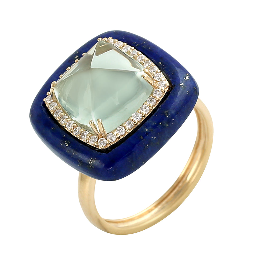 Green Amethyst and Lapis Gemstone Pave Diamond Dome Ring in 18K Yellow Gold