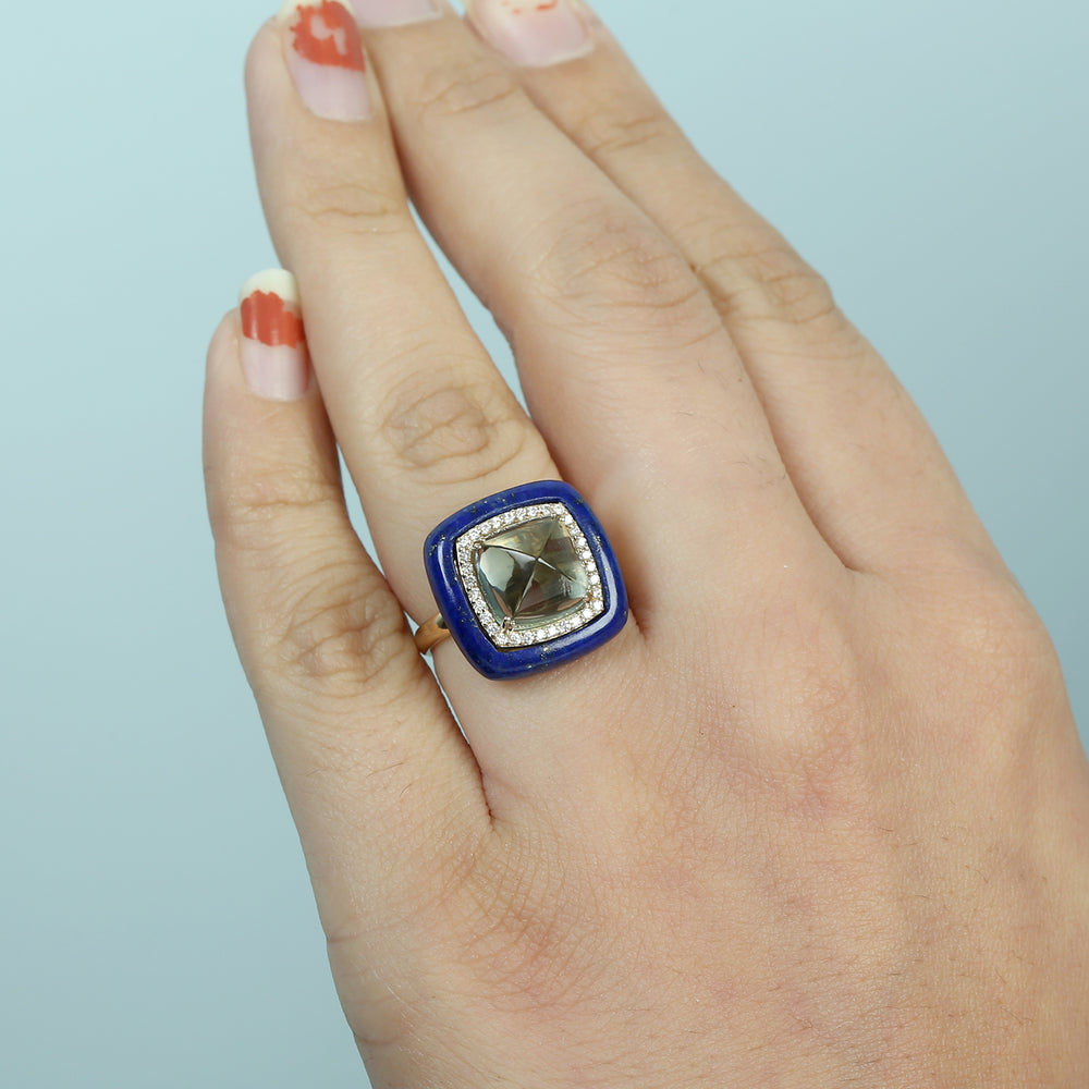 Green Amethyst and Lapis Gemstone Pave Diamond Dome Ring in 18K Yellow Gold