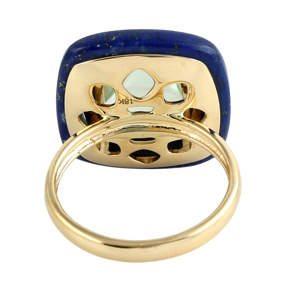 Green Amethyst and Lapis Gemstone Pave Diamond Dome Ring in 18K Yellow Gold