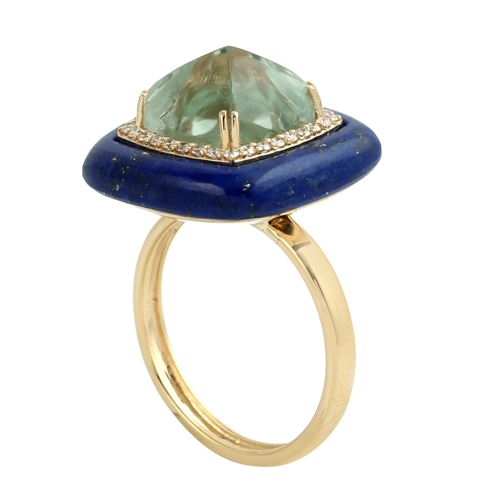 Green Amethyst and Lapis Gemstone Pave Diamond Dome Ring in 18K Yellow Gold